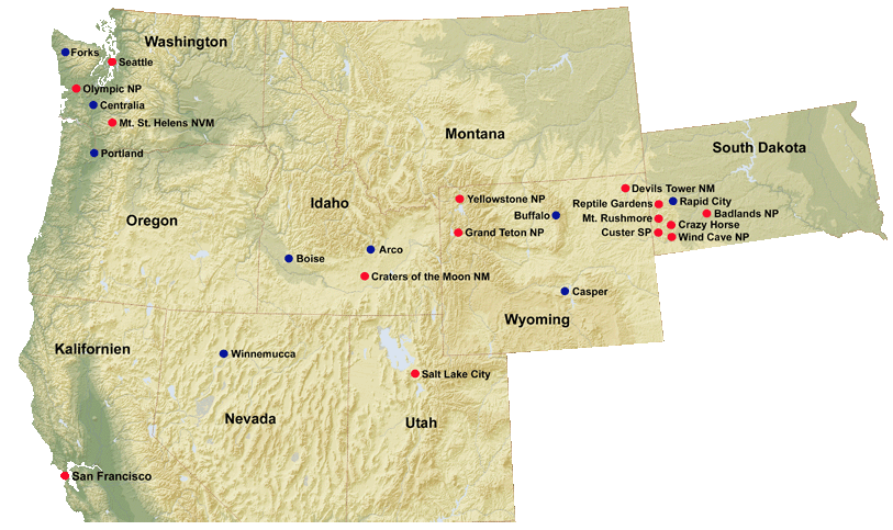 Karte Nordwesten der USA und South Dakota